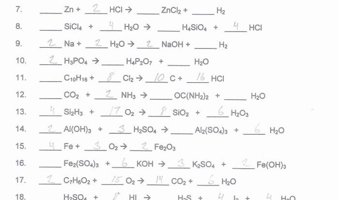 Unit chemical reactions balancing equations - wksh #2 answer key
